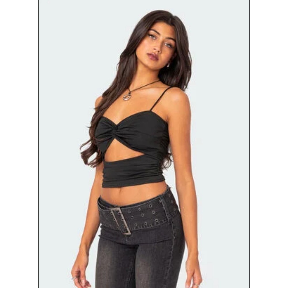 New M Edikted Twist Front Gather Cut Off Tank Top Black Shirt Crop Cropped Sexy